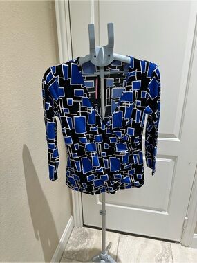 Dkny Blue Black and White Geometric Wrap-Front Blouse